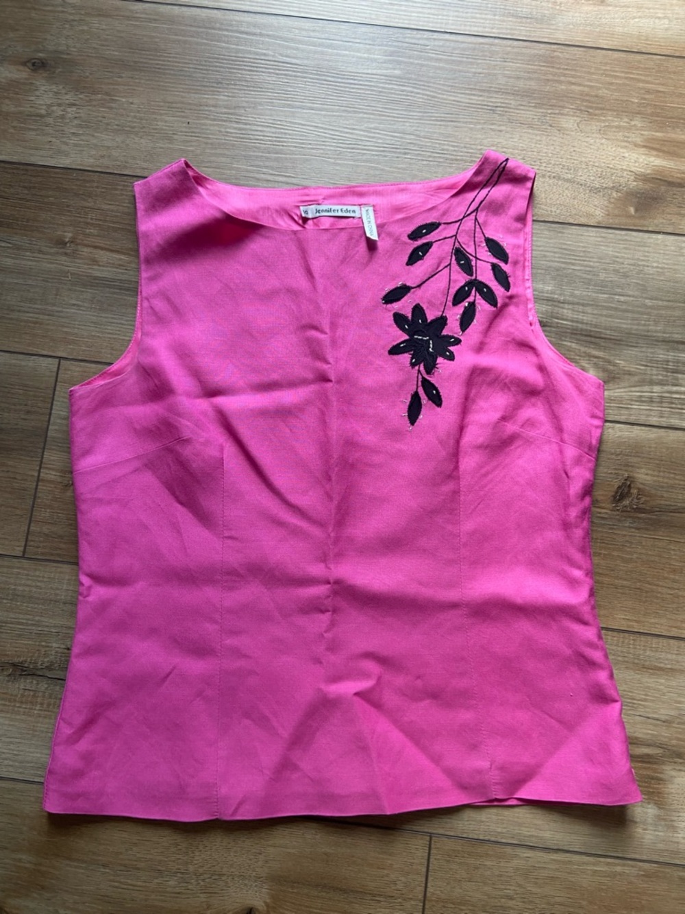 Magenta Sleeveless Tank Top with Black Floral Embroidery